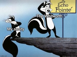 Pepe le Pew, labelled 'The Whitworth', gets ready to seduce Penelope, labelled 'my sanity'. Penelope is standing on the edge of the cliff and looks worried she might fall off.
