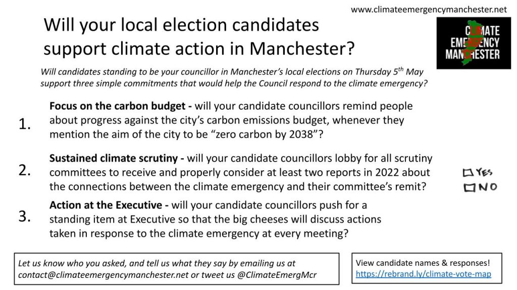 www.climateemergencymanchester.net Will your local election candidates support climate action in Manchester? Will candidates standing to be your councillor in Manchester’s local elections on Thursday 5th May support three simple commitments that would help the Council respond to the climate emergency? Focus on the carbon budget - will your wannabe councillors remind people about progress against the city’s carbon emissions budget, whenever they mention the aim of the city to be “zero carbon by 2038”? 1. Sustained climate scrutiny - will your wannabe councillors lobby for all scrutiny committees to receive and properly consider at least two reports in 2022 about the connections between the climate emergency and their committee’s remit? 2. Action at the Executive - will your wannabe councillors push for a standing item at Executive so that the big cheeses will discuss actions taken in response to the climate emergency at every meeting? 3. Let us know who you asked, and tell us what they say by emailing us at contact@climateemergencymanchester.net or tweet us @ClimateEmergMcr View candidate names & responses! https://rebrand.ly/climate-vote-map